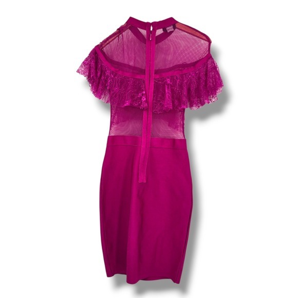 Bebe Bodycon Dress Lace Ruffle Mesh Party Cocktail Dress Magenta Size M - Picture 2 of 9